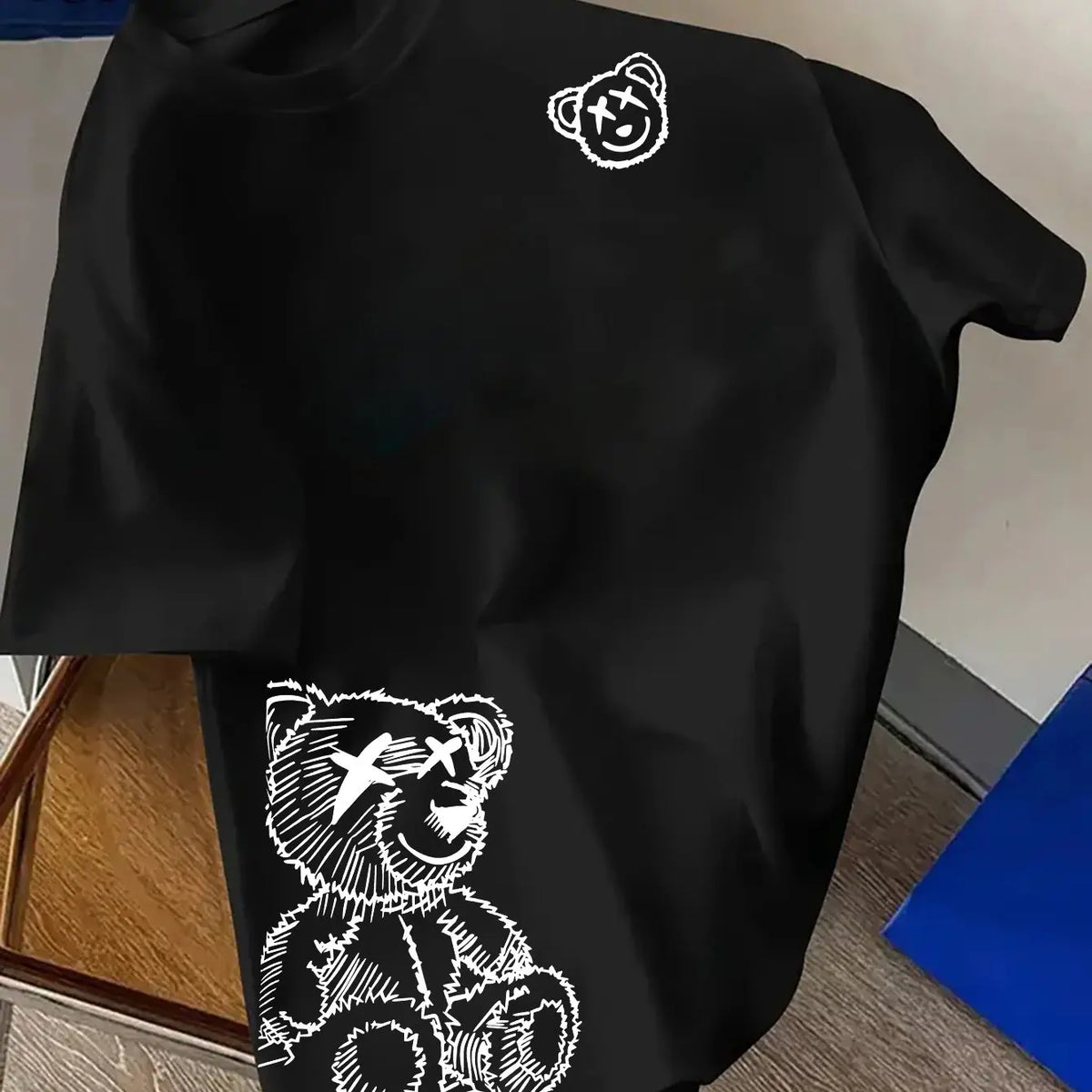 Men's 100% Pure Cotton Cartoon Bear Pattern Printed Casual Loose round Neck Short Sleeved T-Shirt Fashionable Sports Top