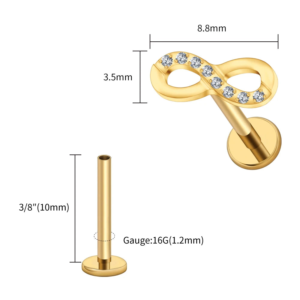 Right Grand ASTM F136 Titanium CZ Infinity Symbol Stud Earring 16G Cartilage Helix Tragus Stud Flat Back Labret Piercing Jewelry