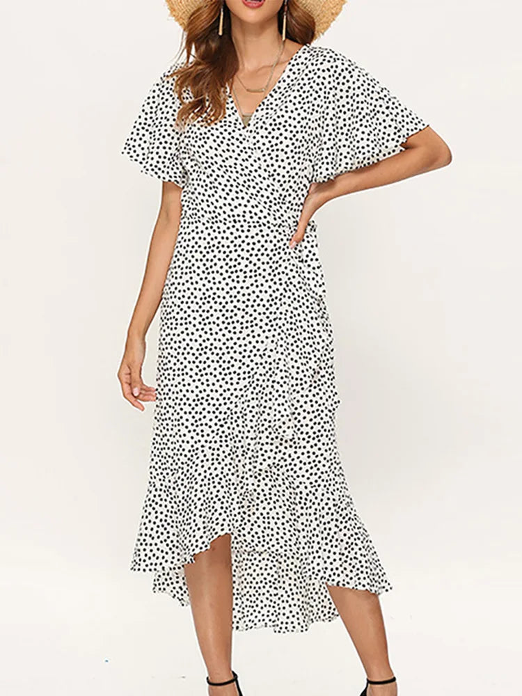 Women's Boho Floral Print Chiffon Wrap Maxi Dress with Ruffles