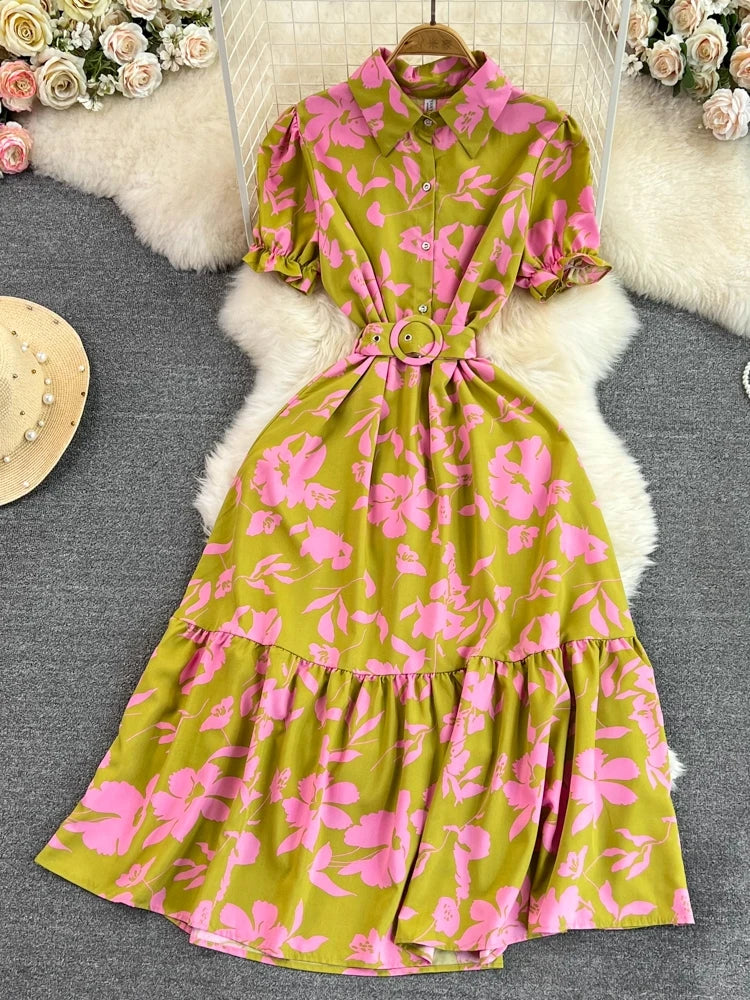 Retro Bubble Sve  Collar Slim Fit Midi Dr Floral Print ort Sve Women's Korean Sle Commute High Waist irt D...