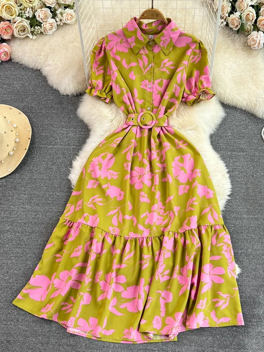 Retro Bubble Sve  Collar Slim Fit Midi Dr Floral Print ort Sve Women's Korean Sle Commute High Waist irt D...