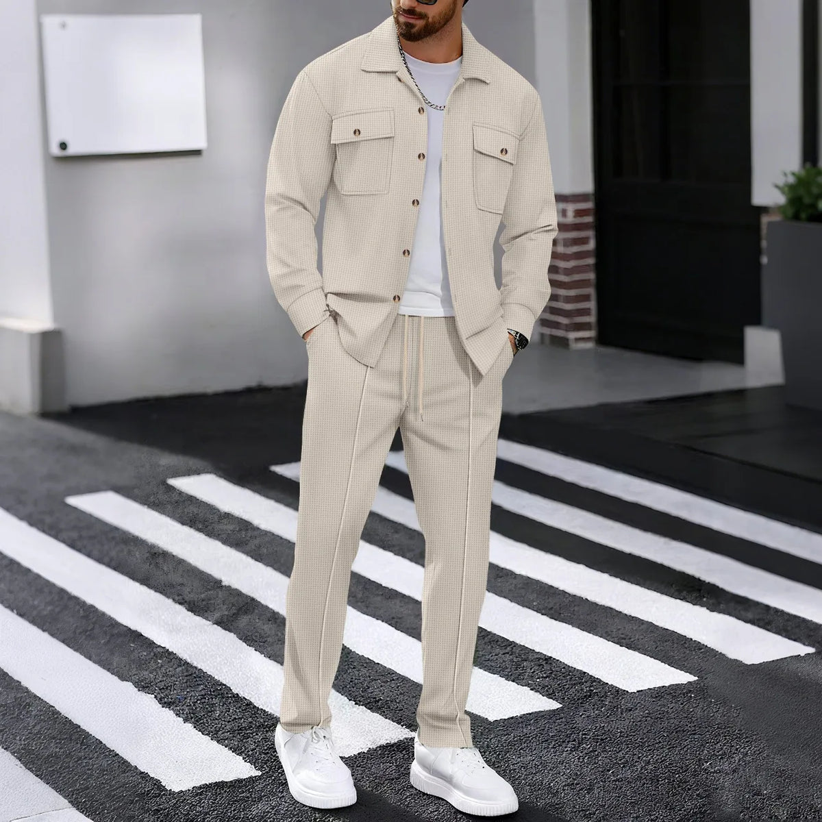 Men's Waffle Check Button Jacket & Pants Set