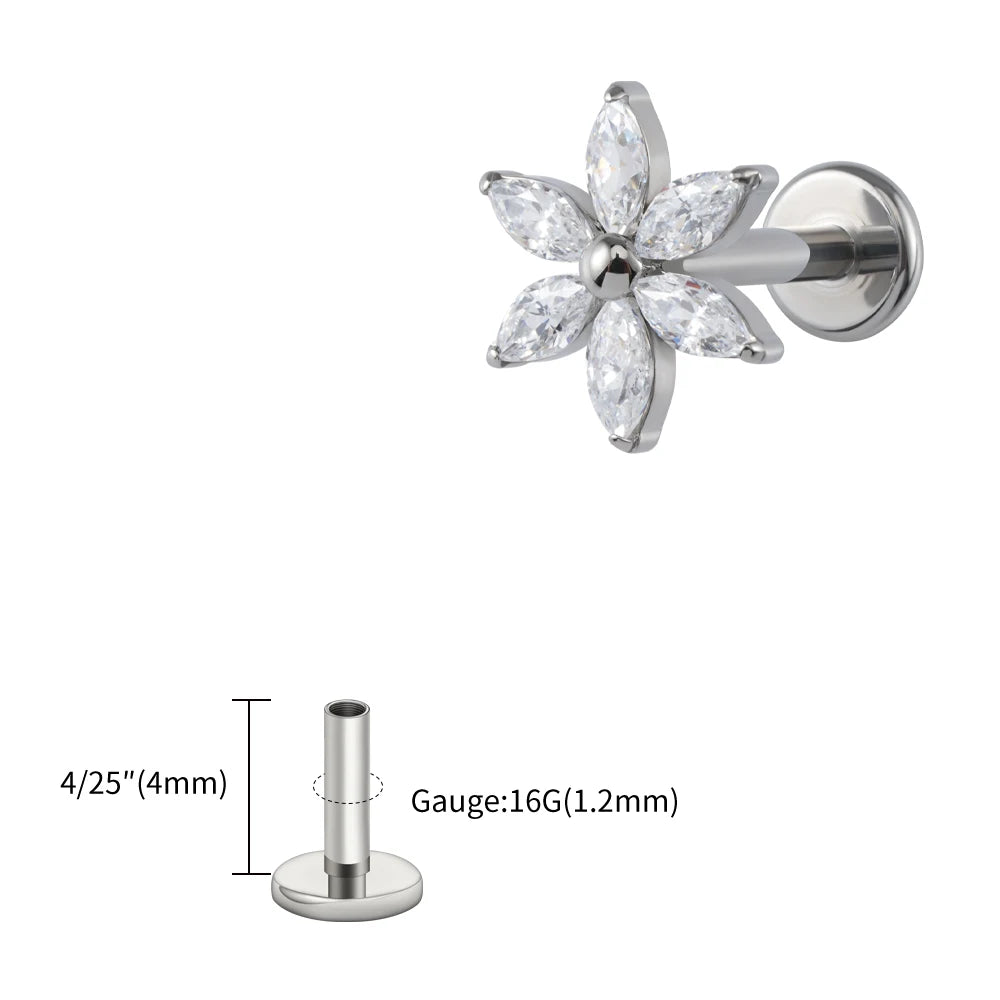 ASTM F136 Titanium 16G Marquise Flower CZ Flat Back Labret Piercing