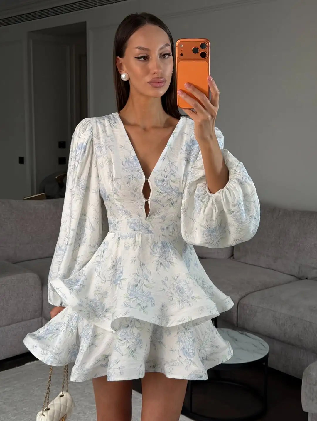 Women's Printed Waistband Puff-Sleeve Satin V-Neck Mini Dress