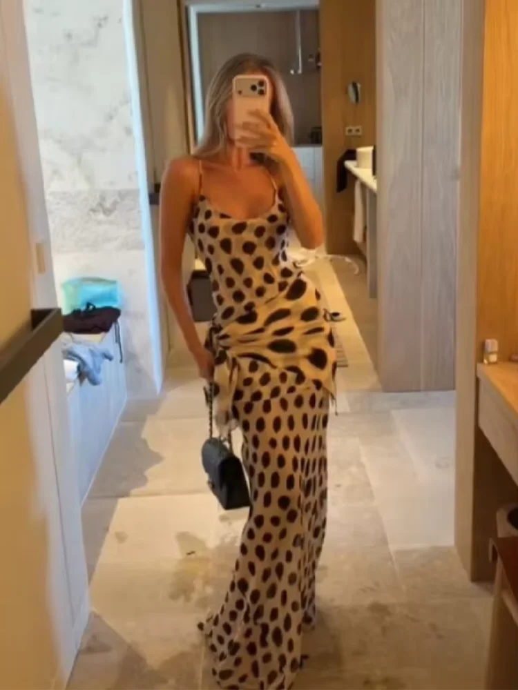 Women's Animal Print V-Neck Ruched Drawstring Slip Maxi Dress