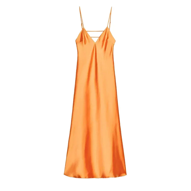 Orange Satin Lace Up Sling Long Dresses Women Fashion V Neck Backless Sleeveless Maxi Robe Summer Female Evening Party Club Gown
