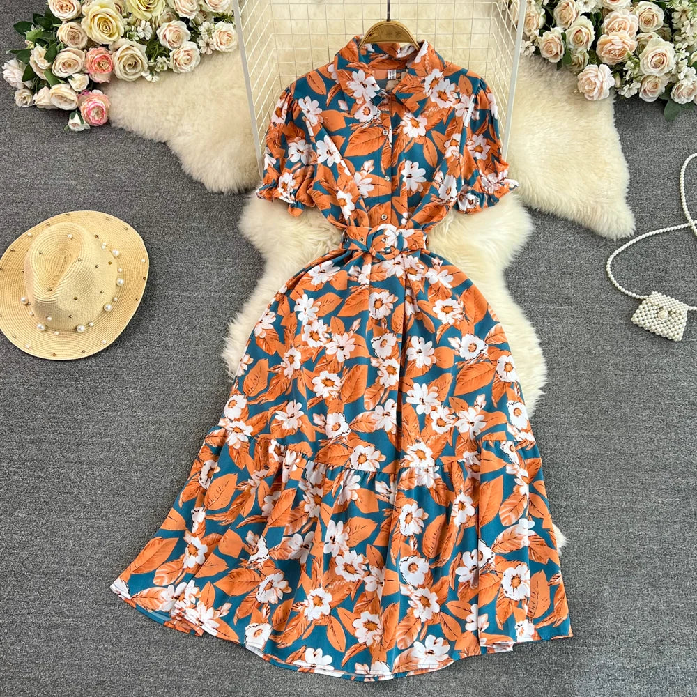 Retro Bubble Sve  Collar Slim Fit Midi Dr Floral Print ort Sve Women's Korean Sle Commute High Waist irt D...