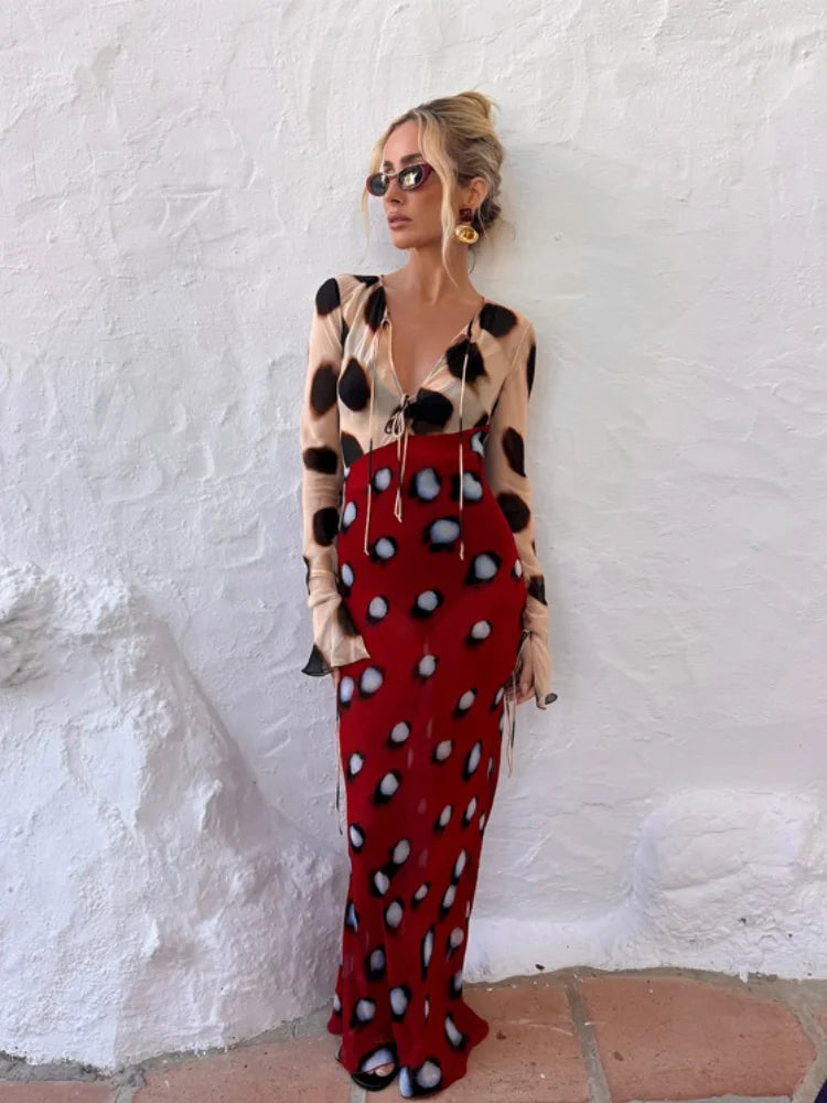 Women's Animal Print V-Neck Ruched Drawstring Slip Maxi Dress