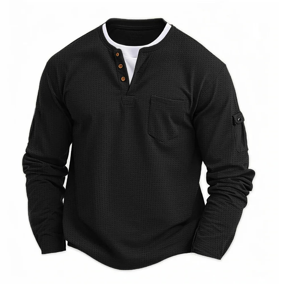 Men's Waffle-Knit Fake Two-Piece Long-Sleeve Henley T-Shirt