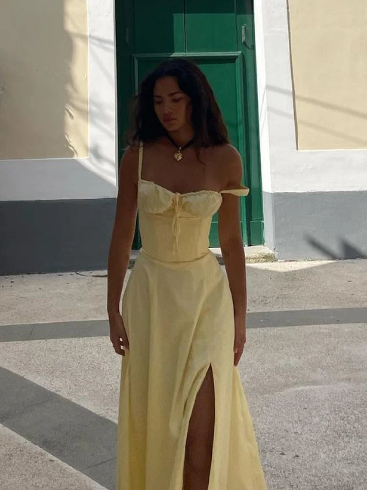 Women's Elegant Lace-Up Corset Midi Dress with Thigh Split