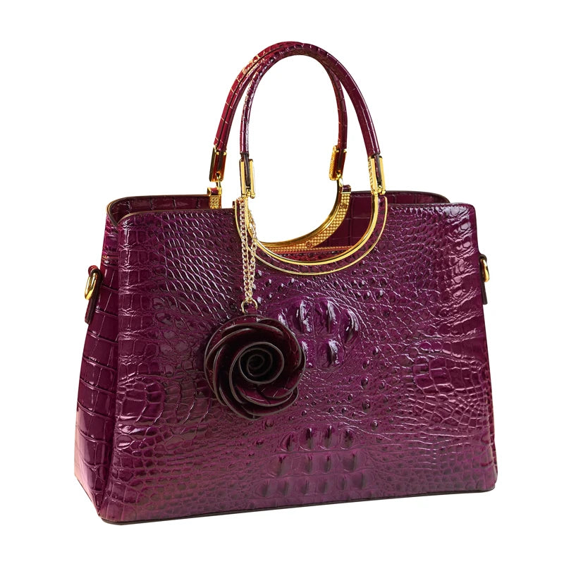 Women's Crocodile Pattern Genuine Leather Top-Handle Handbag with Floral Charm