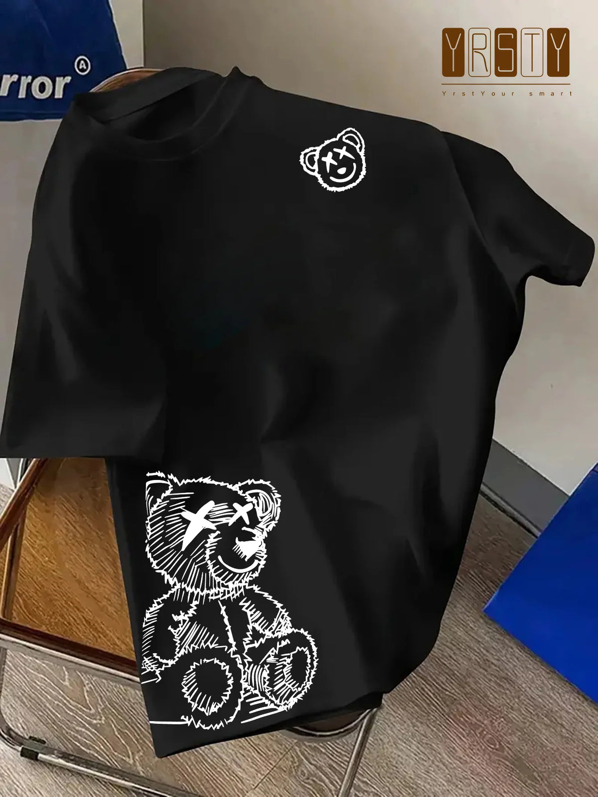 Men's 100% Pure Cotton Cartoon Bear Pattern Printed Casual Loose round Neck Short Sleeved T-Shirt Fashionable Sports Top
