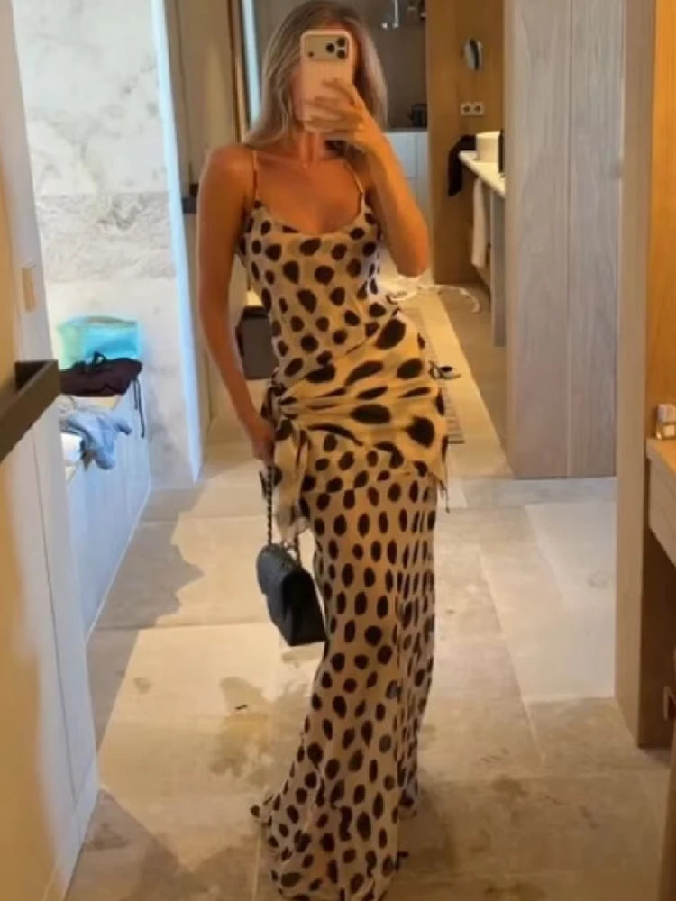 Women's Animal Print V-Neck Ruched Drawstring Slip Maxi Dress