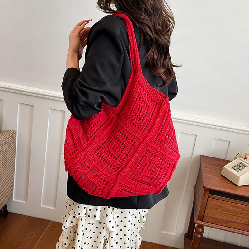 Women's Summer Hand-Woven Yarn Hollow-Out Shoulder Tote Bag