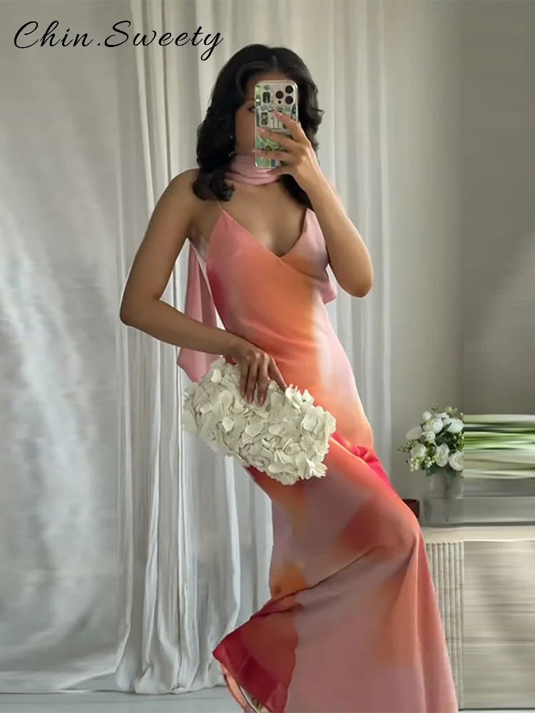 Women's Tie-Dye Print Ribbon V-Neck Sleeveless Sling Maxi Dress