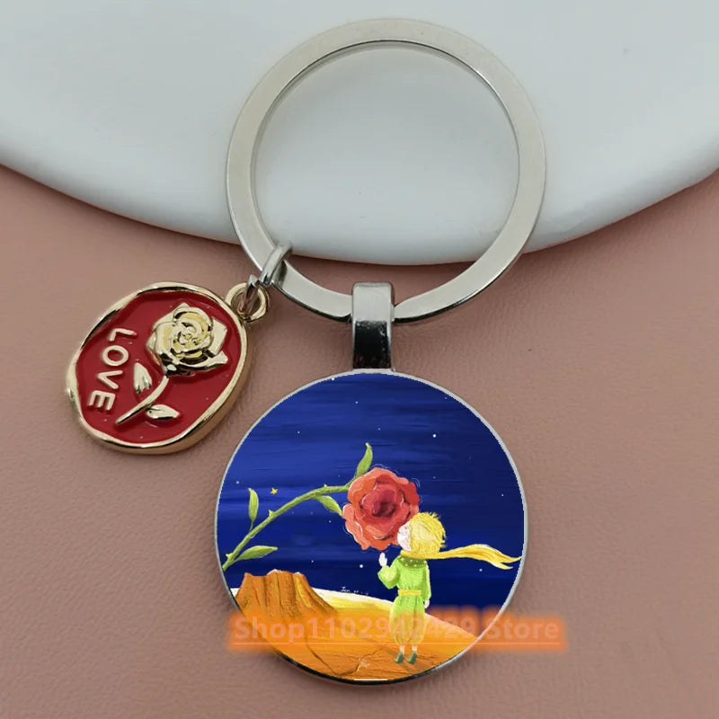 Little Prince Round Glass & Enamel Rose Keychain | DIY Handcrafted Car Keyring & Bag Charm