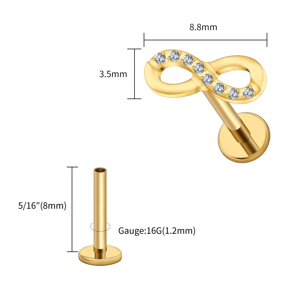 Right Grand ASTM F136 Titanium CZ Infinity Symbol Stud Earring 16G Cartilage Helix Tragus Stud Flat Back Labret Piercing Jewelry