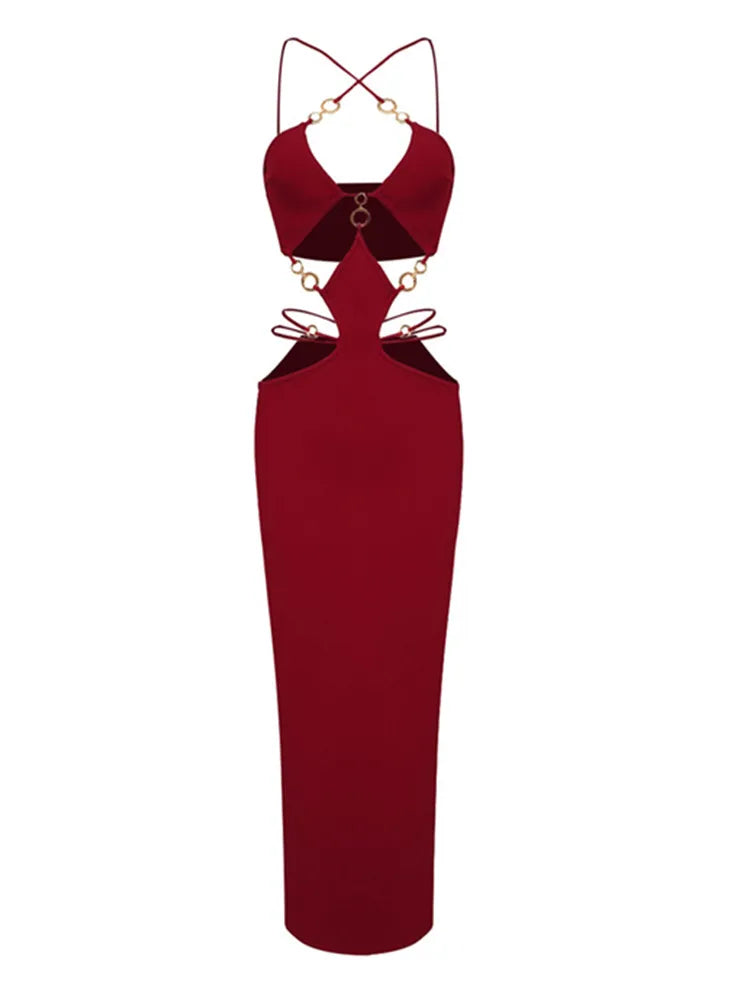 Women's Sequined V-Neck Backless Cutout Bandage Midi Dress