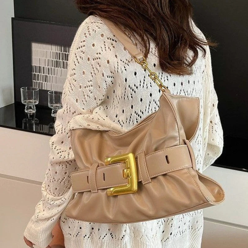 Women's Vintage Soft PU Leather Cloud Pleats Tote Bag with Metal Belt Buckle