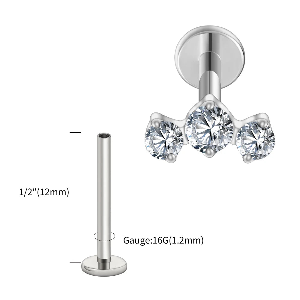 ASTM F136 Titanium 16G Triple CZ Cluster Flat Back Labret Piercing