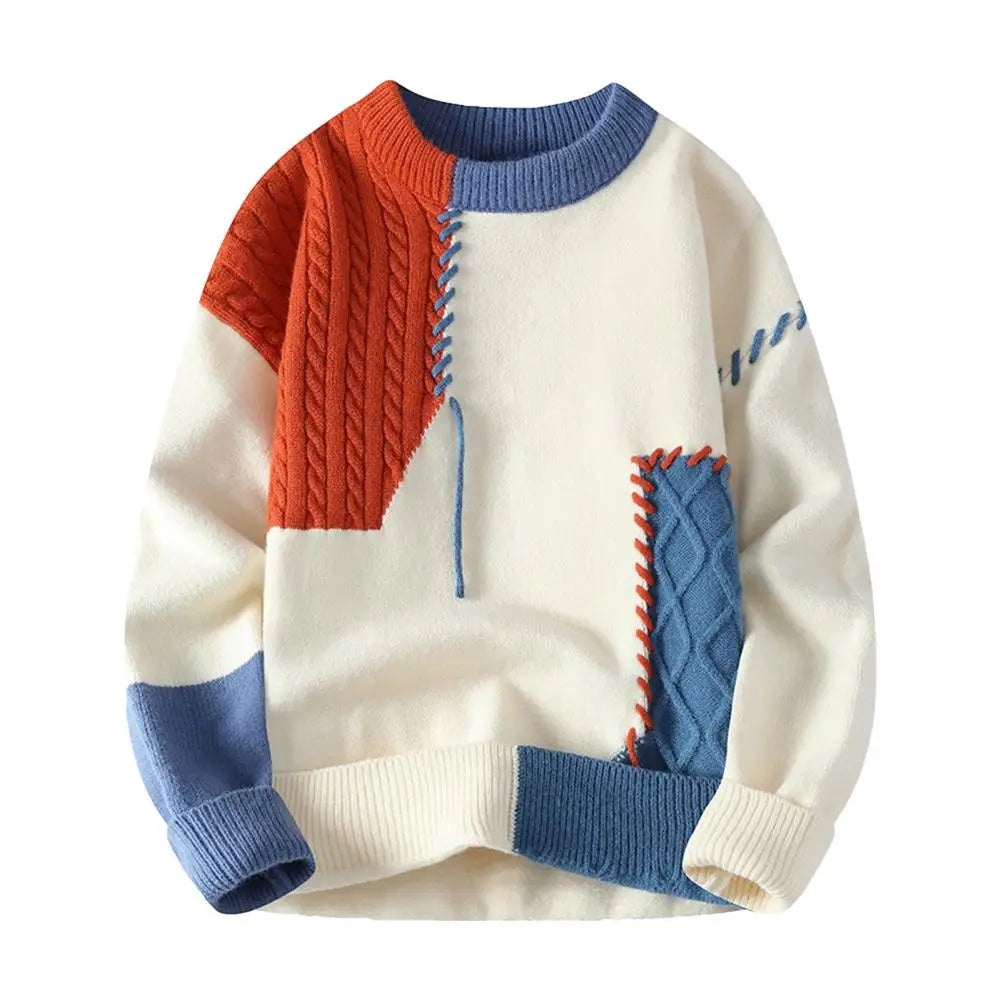 Men Long Sleeve Sweater Men's Winter Colorblock Patchwork Sweater with Irregular Design Round Neck Knit Loose Fit Thick Sport