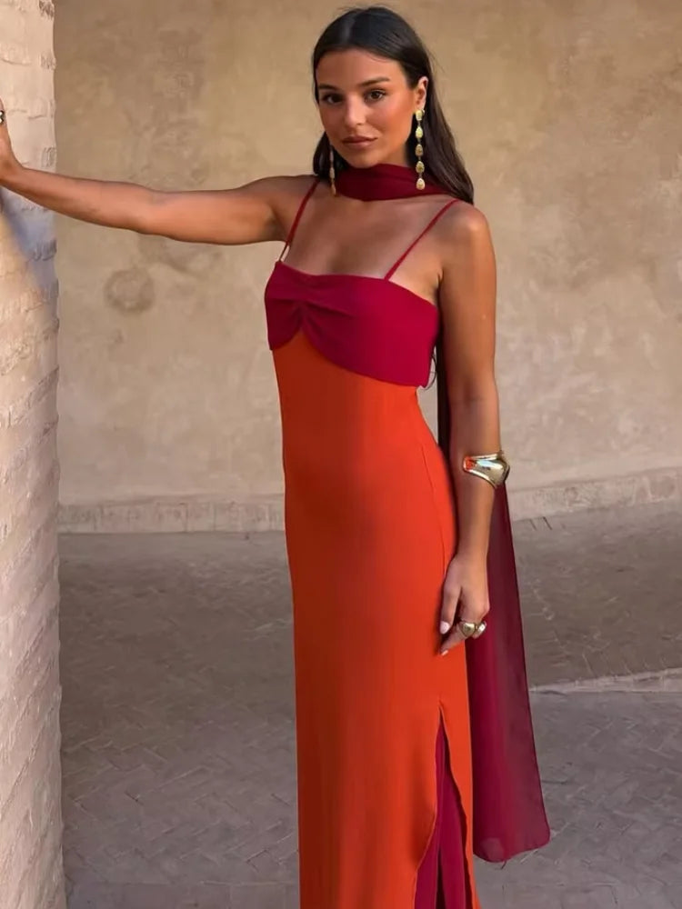 Women's Color-Block Scarf Collar High-Slit Sling Maxi Dress
