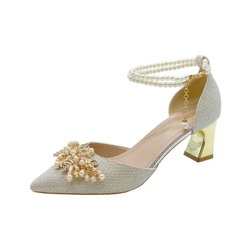 Women's Pointed Toe Metal Beaded High Heel Wedding & Banquet Pumps