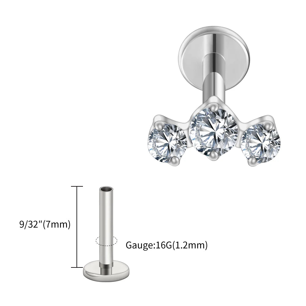 ASTM F136 Titanium 16G Triple CZ Cluster Flat Back Labret Piercing