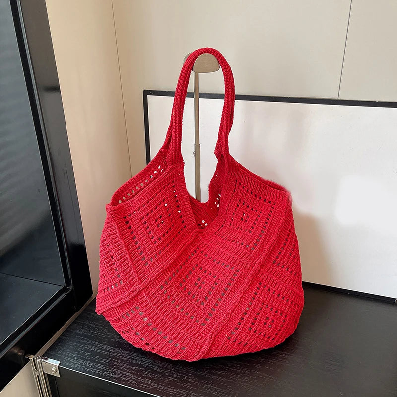 Women's Summer Hand-Woven Yarn Hollow-Out Shoulder Tote Bag