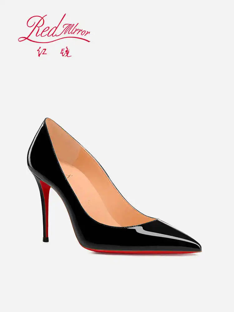 Women's Black Glossy Pointed-Toe Stiletto Pumps with Radiant Red Outsoles