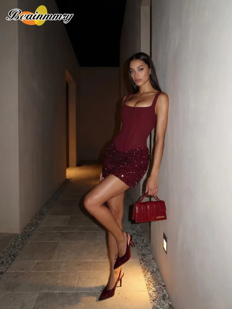 GlamourFit™ Sequin Backless Pleated Bodycon Mini Dress
