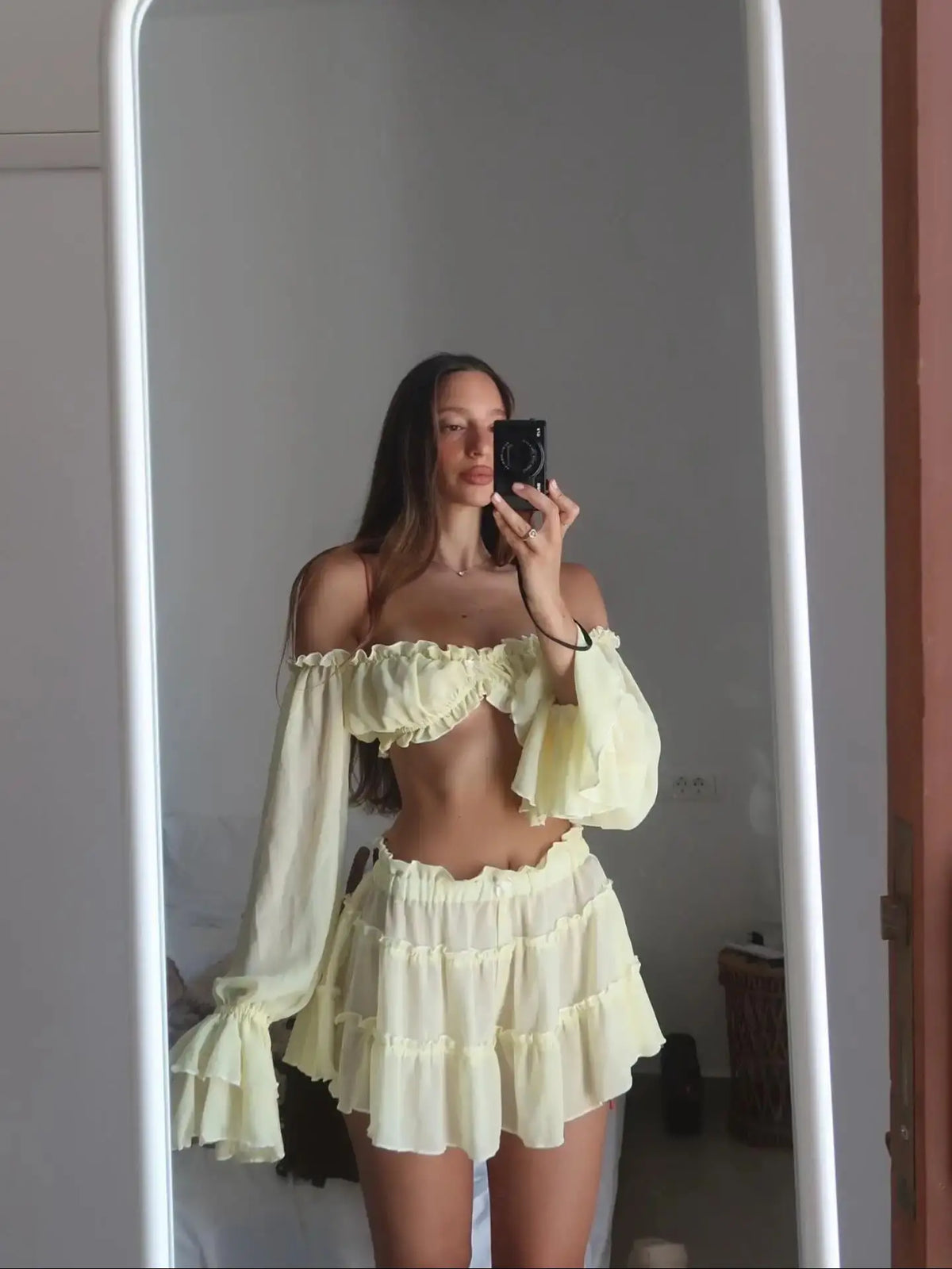 Women's Two-Piece Ruffle Off-The-Shoulder Bandeau & High-Waisted Maxi Skirt Beach Set