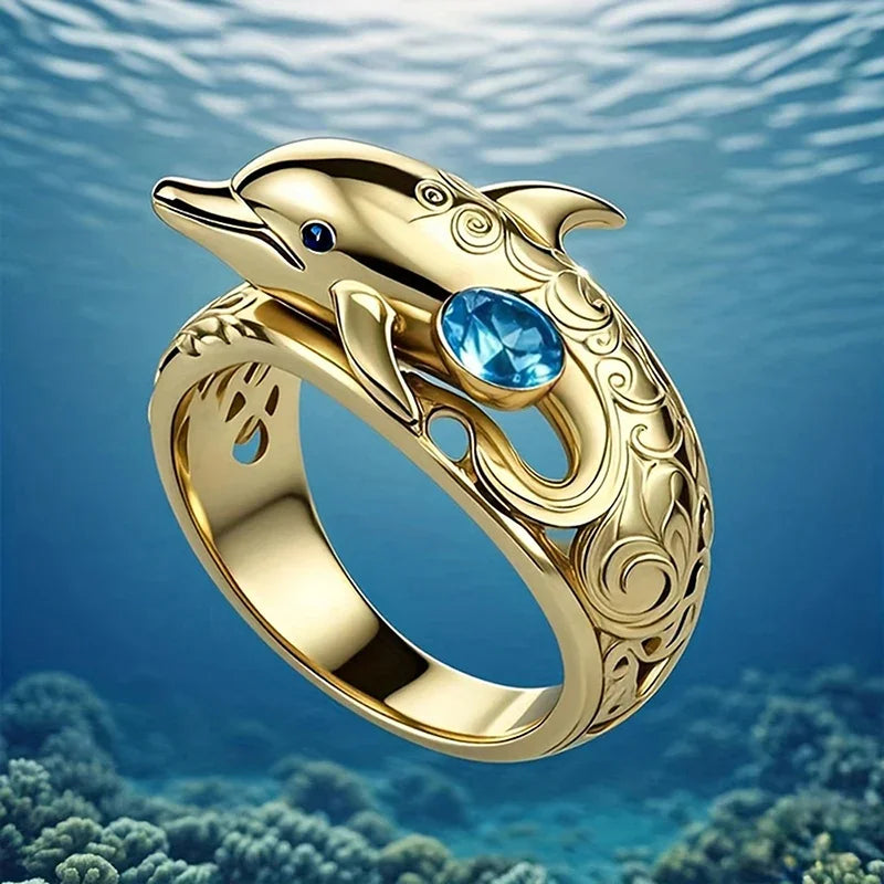 Women's Gold-Tone Dolphin Statement Ring with Blue CZ