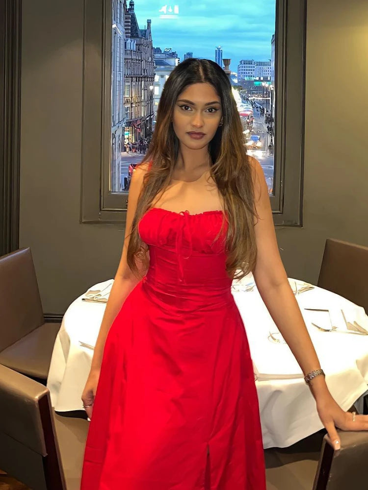 Women's Elegant Lace-Up Corset Midi Dress with Thigh Split