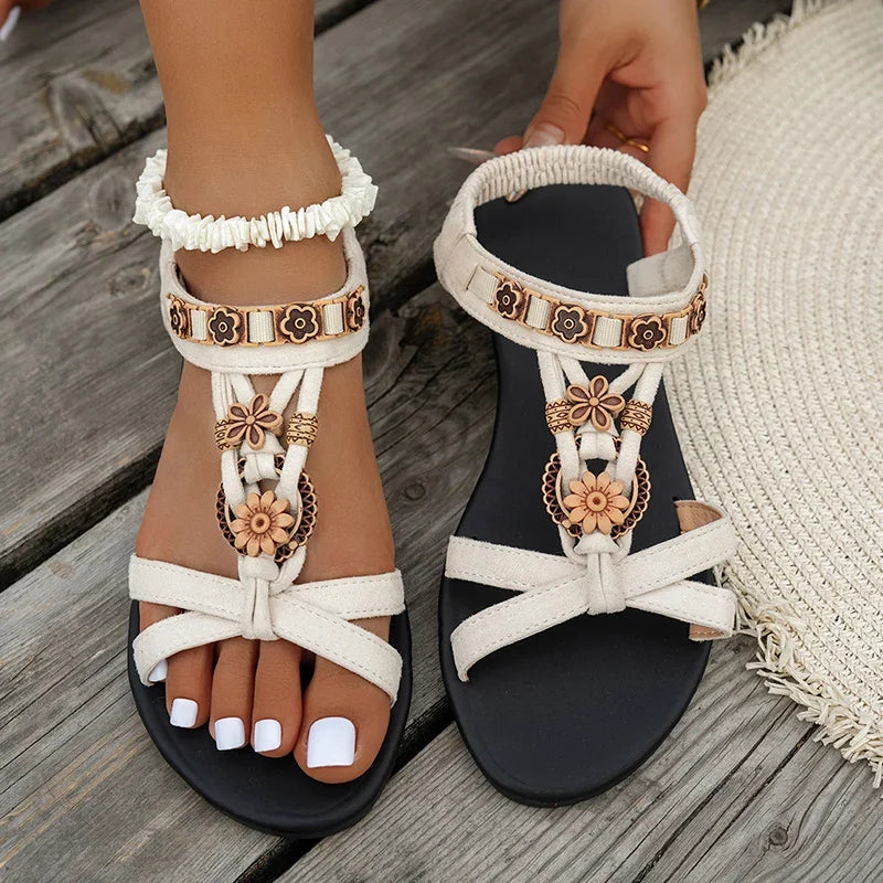 Women's Boho Flower Beaded Flat Sandals | Roman Style Non-Slip Summer Beach Shoes