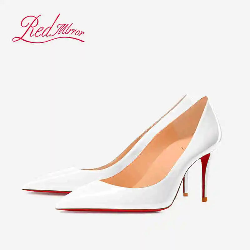 Women's Black Glossy Pointed-Toe Stiletto Pumps with Radiant Red Outsoles