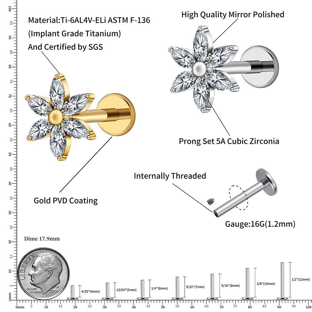 ASTM F136 Titanium 16G Marquise Flower CZ Flat Back Labret Piercing
