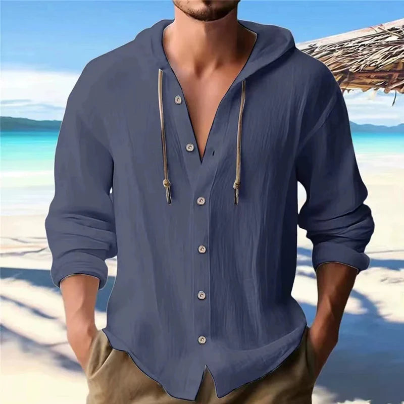 Men's Loose Cotton-Linen Long-Sleeve Hooded Shirt