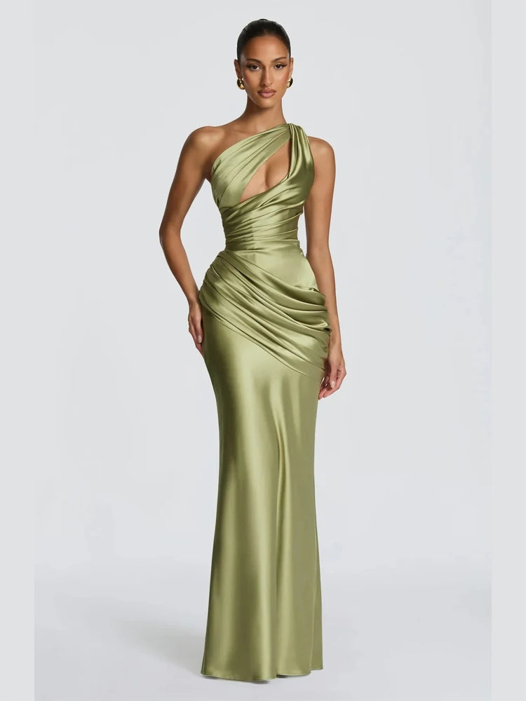 Women's Asymmetrical One-Shoulder Ruched Maxi Dress with Side Slit