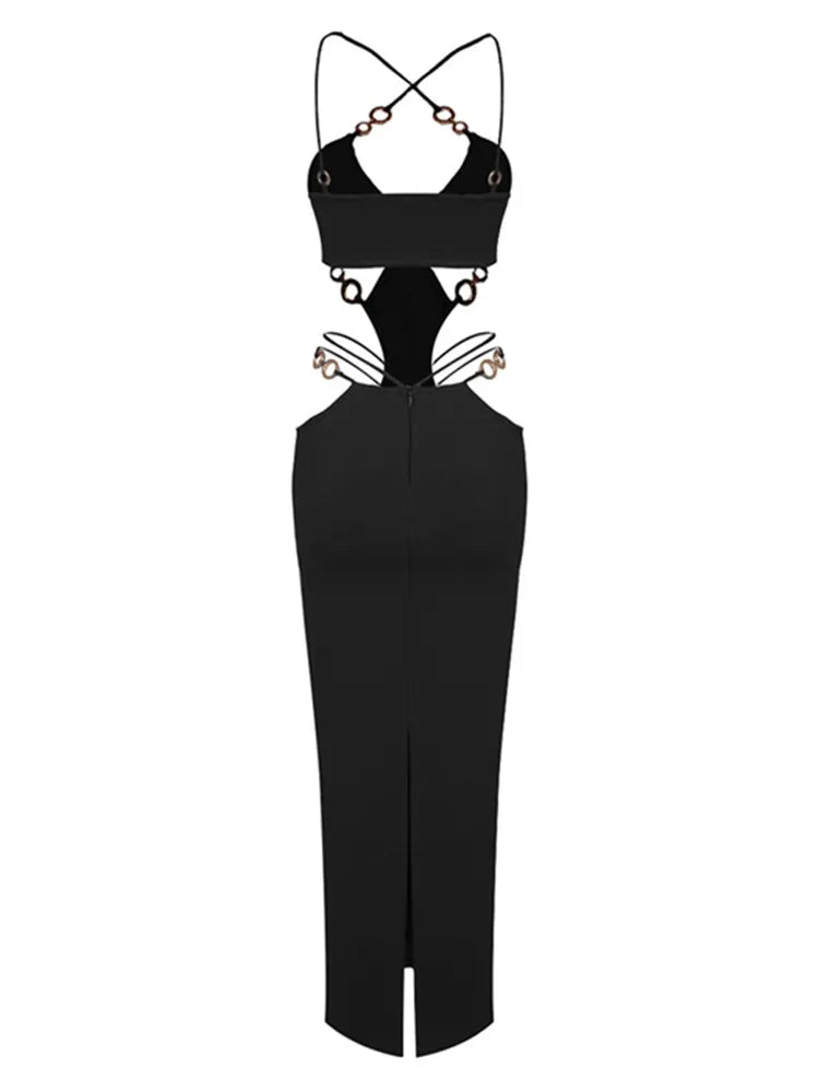 Women's Sequined V-Neck Backless Cutout Bandage Midi Dress