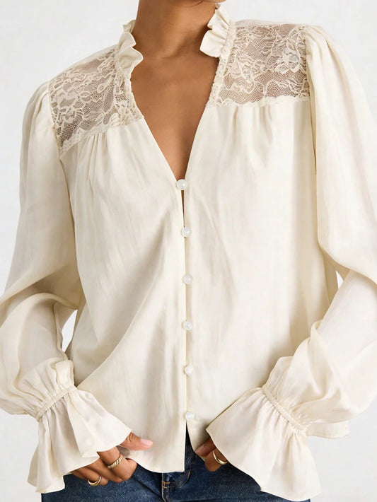 Fall 2026 New Arrival: Elegant Women's Patchwork Lace Long-Sleeve Shirt for Everyday Wear and Lounging at Home