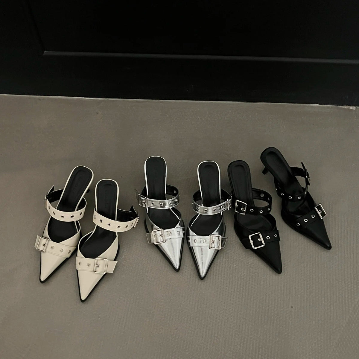 Women's Summer Pointed-Toe Silver Slingback Heels with Belt Buckle Accent