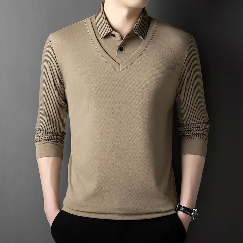 Men’s Long-Sleeve Layered Look Polo Shirt – Business Casual Versatile Top