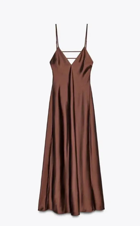 Orange Satin Lace Up Sling Long Dresses Women Fashion V Neck Backless Sleeveless Maxi Robe Summer Female Evening Party Club Gown