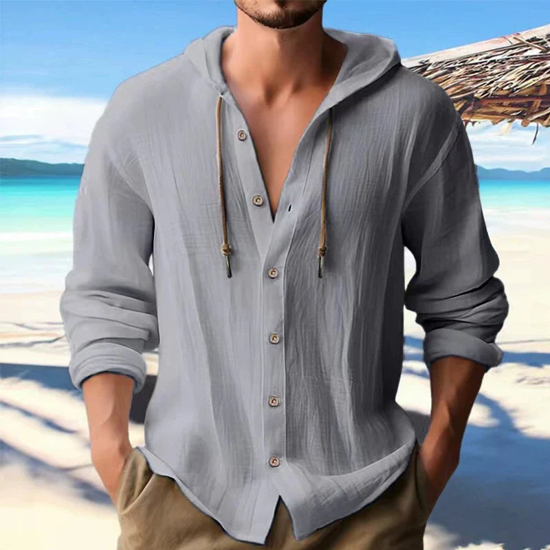 Men's Loose Cotton-Linen Long-Sleeve Hooded Shirt