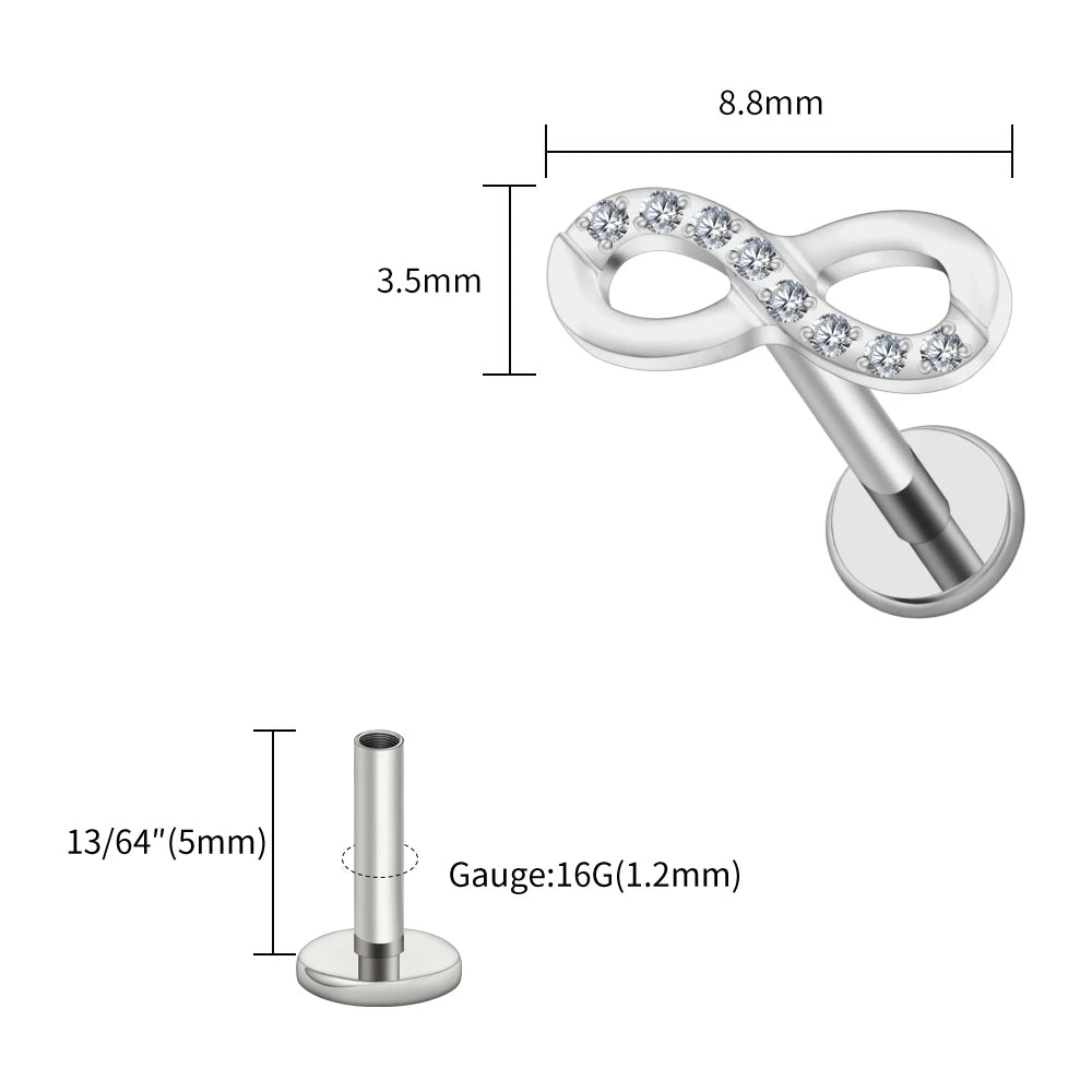 Right Grand ASTM F136 Titanium CZ Infinity Symbol Stud Earring 16G Cartilage Helix Tragus Stud Flat Back Labret Piercing Jewelry