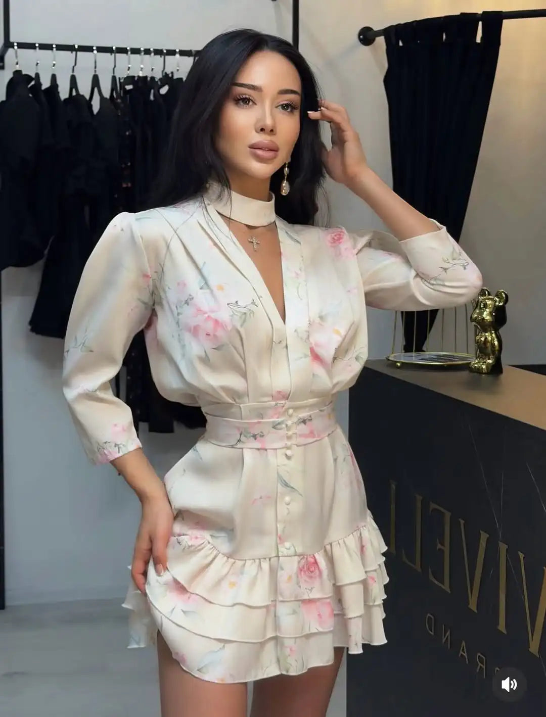Women's Printed Waistband Puff-Sleeve Satin V-Neck Mini Dress