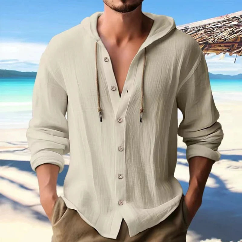 Men's Loose Cotton-Linen Long-Sleeve Hooded Shirt