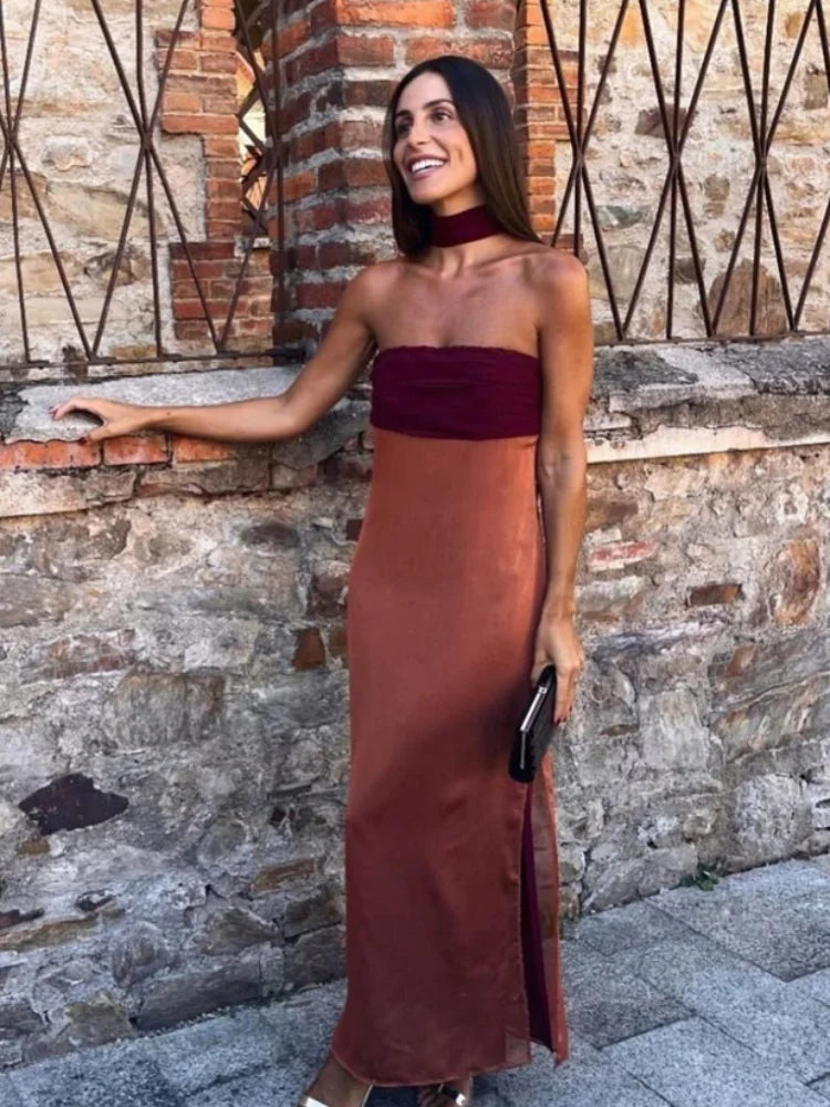 Women's Color-Block Scarf Collar High-Slit Sling Maxi Dress