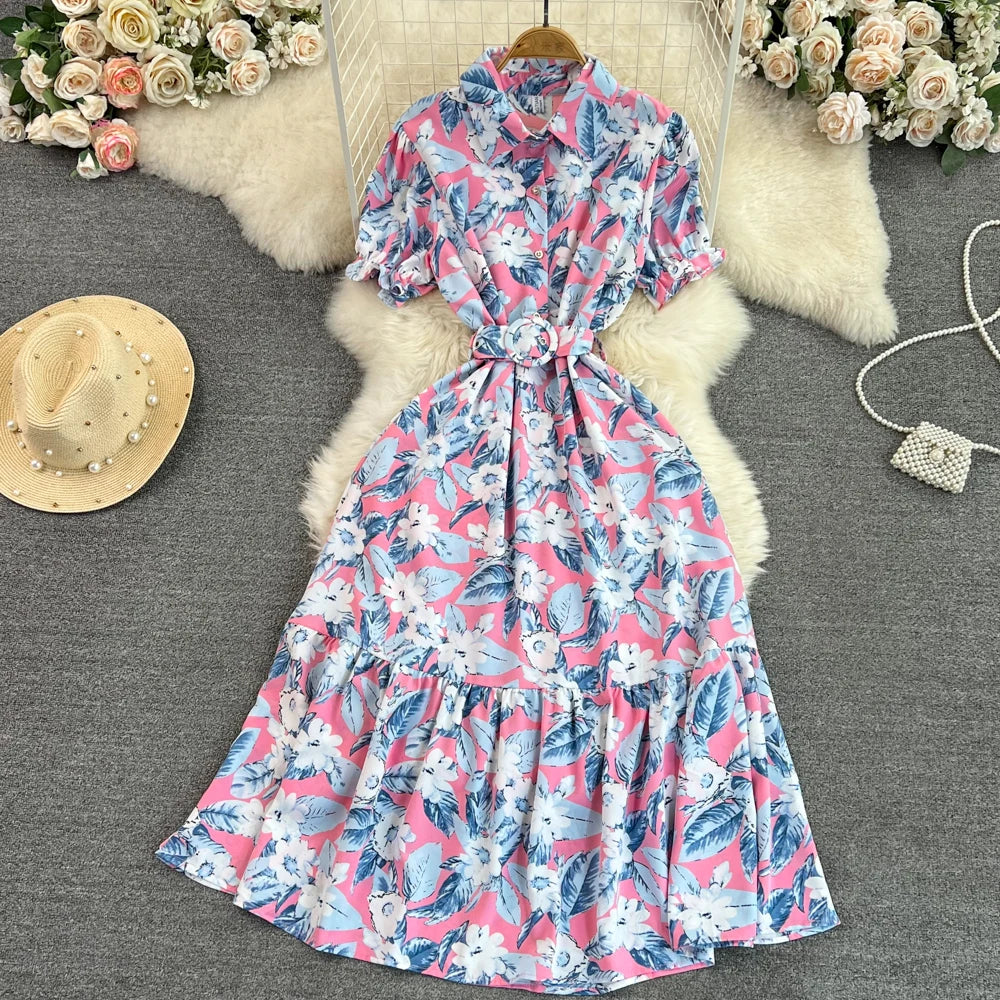 Retro Bubble Sve  Collar Slim Fit Midi Dr Floral Print ort Sve Women's Korean Sle Commute High Waist irt D...